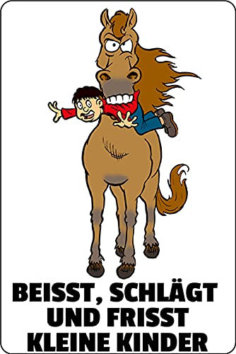 Schatzmix Blechschild Spruch Beisst schlägt und frisst kleine Kinder Pferd Warnschild Metallschild Wanddeko 20x30 tin Sign