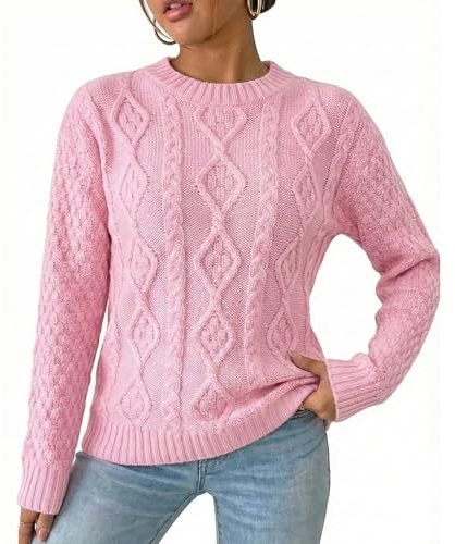 Red Olives Ladies Women’s New Chunky Diamond Cable Knitted Long Sleeve Sweater Pull Over Jumper Top Cable Knit Warm Chunky Sweater Formal Everyday Casual Crew Neck Pullover Tops