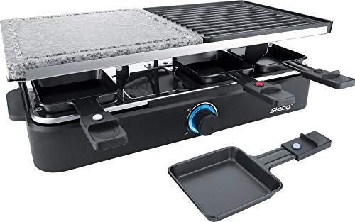 Steba 63-18-00 Multi-Raclette RC 18 | Hochwertige Natursteingrillplatte | Wendbare Grillplatte | 8 antihaftbeschichtete Pfännchen | 8 Pfännchenschaber | 1,8 m Anschlusskabel | 1400 Watt, Schwarz