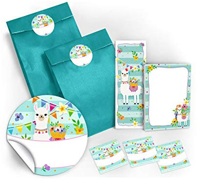 JuNa-Experten 10 Lesezeichen + 10 Mini-Notizblöcke + 10 Geschenktüten/blau + 10 Aufkleber Lama Mitgebsel Gastgeschenk beim Kindergeburtstag Mädchen