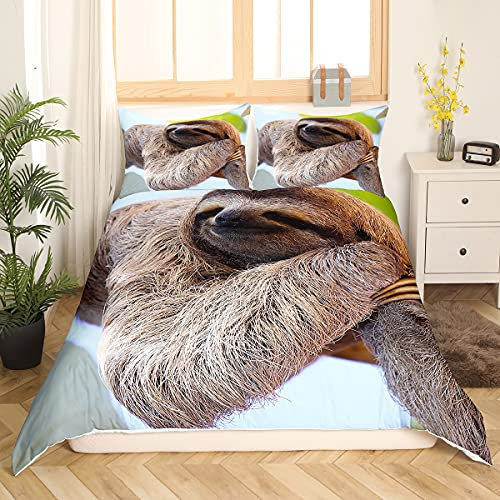 Faultier Bettwäsche Set 155x220cm für Mädchen Jungen Kinder Nettes Tiermuster Bettbezug Set Langsames Faultier Bedruckte Betten Set Dekorative Wildlife Style Bettwäsche Kollektion 2 STK