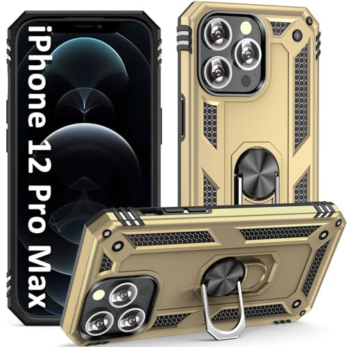 ADDIT Phone Case for iPhone 12 Pro Max, [ Military Grade ] Shock-Absorption Bumper Cover Anti-Scratch Case with Ring Car Mount Kickstand for iPhone 12 Pro Max 6.7 - Gold