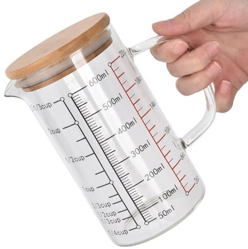Taza Medidora de Vidrio 600ml Con Asa y Tapa - Jarra Mezcladora Transparente para Cocinar y Hornear (03)