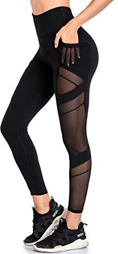 CUFFLLE Damen-Leggings aus Netzstoff, hohe Taille, Yogahose mit Taschen, Bauchkontrolle, Workout, Yoga-Leggings, Schwarz , L