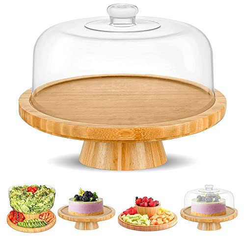 CHEF'S UNIQUE Bamboo Cake Stand With Dome Multi Function 6 In 1 Cake Holder Serving Platter, (12) Round Veggie Stand And Salad Bowl, Decorative Display Cake Stand With lid