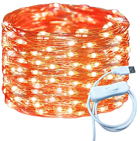 RUICHEN USB Fairy Lights 66 Ft 200 LED String Lights with ON/Off Switch, Waterproof Copper Wire Firefly Lights for Bedroom Wall Ceiling Wreath Crafts Christmas Halloween Party (Orange)