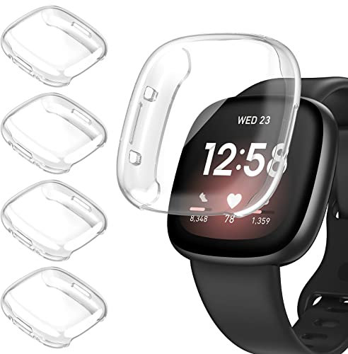 [4Stück] Kamita Schutzhülle Kompatibel mit Fitbit Versa 4/Sense 2 Hülle, Weiche TPU Bumper Case mit Schutzfolie, Vollständige Abdeckung Schutz Cover für Fitbit Versa4/Sense2 Gehäuse (Transparent*4)