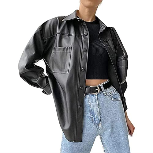 Sawmew Damen Lederhemd Retro PU Lederblazer Lederjacke Gotische Blusenjacke Langarm Einreiher Kunstleder Blusen Hemd Top
