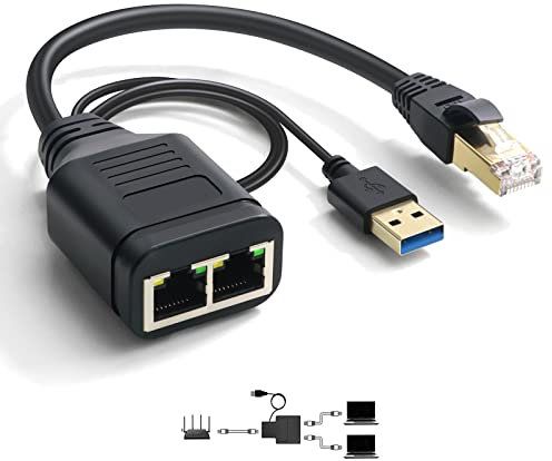 AWADUO RJ45 Ethernet Splitter, 1 bis 2 Ethernet Extender Connector USB zu RJ45 Port mit USB-Stromkabel Netzwerkkabel für Cat5 Cat5e Cat6 Cat6e Cat7
