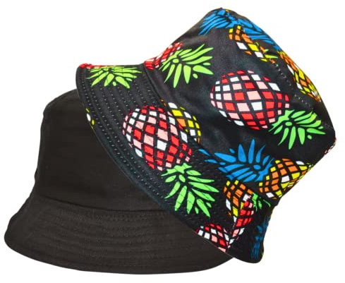 Alsino Anglerhut Fischerhut Sonnenhut Bucket Hat Reversibel Freizeithut Outdoor Wende-Hut Sommermütze Herbst Camping Reisen Wandern - für Damen Herren Kinder, Motiv wählen:Ananas schwarz