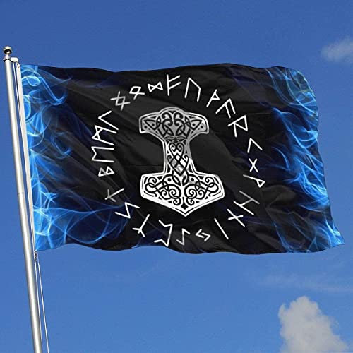 Dekoration Fähnchen Wikinger Mjolnir Und Runenrad Nordische Mythologie-Symbol-Flagge Mit Metall-Ösen Fahnenkette Flaggen Witterungsbeständiges Haus Hof Flagge Für Haus Parade Drinnen 90X150Cm
