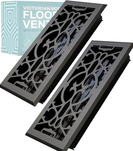 2 Pack Victorian Scroll 2x14 Inch Decorative Floor Register Vent with Mesh Cover Trap, Dark Grey