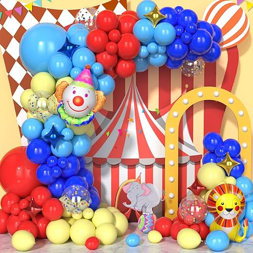 Ousuga Palloncini Rosso Blu Giallo 130Pezzi, Palloncini Arcobaleno Circo Carnevale Ghirlanda Paillettes Coriandoli Palloncino Foil Leone Bambino Ragazzo Ragazza Anniversario Decoraz Festa Compleanno