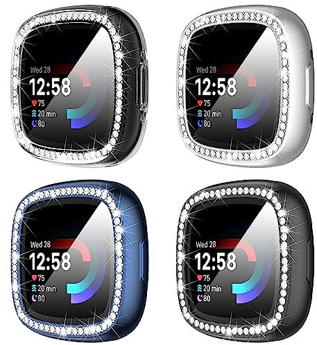 Diruite 4-Stück Schutzfolie für Fitbit Versa 4/Sense 2 Schutzhülle, HD Stoßfestes Weiche TPU Cover Vollschutz Display Schutz Hülle Schutz Case,Schwarz&Silber&Blau&Transparent(Diamanten)