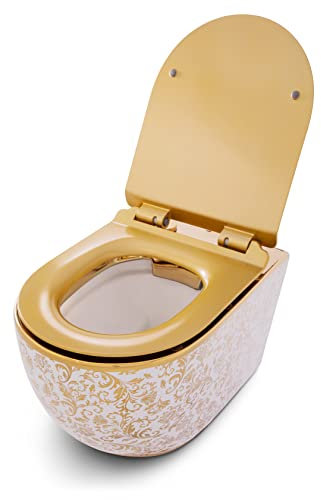 RD Luxury Inodoro colgante elegante de color blanco y dorado con diseño de flores, sin bordes, de cerámica, ideal para inodoros de invitados, incluye asiento de inodoro de cierre suave y juego de