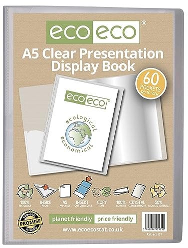 eco-eco Eco131 Porte-vues transparent avec 60 pochettes en plastique Format A5 50% recyclé