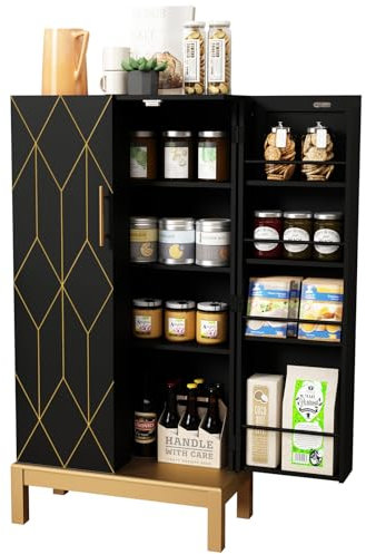 HOLTICO Pantry Cupboard, Kitchen Storage Cabinet With Doors & Adjustable Shelves, Freestanding for Bathroom, Living Room, Black