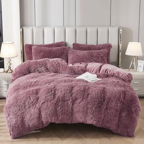 Uhamho Faux Fur Velvet Fluffy Bedding Duvet Cover Set Down Comforter Quilt Cover with Pillow Sham, Ultra Soft Warm and Luxury (Twin, Dusty Rose)