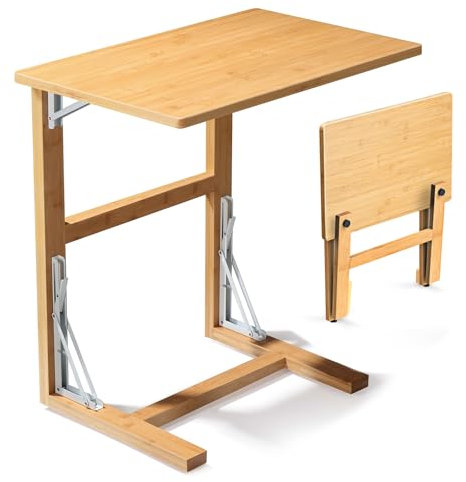 Tatub 24'' Folding TV Tray Table, Foldable C Shaped End Table Slide Under Couch, Small Sofa Side Laptop Desk for Living Room, Bedroom, Nature