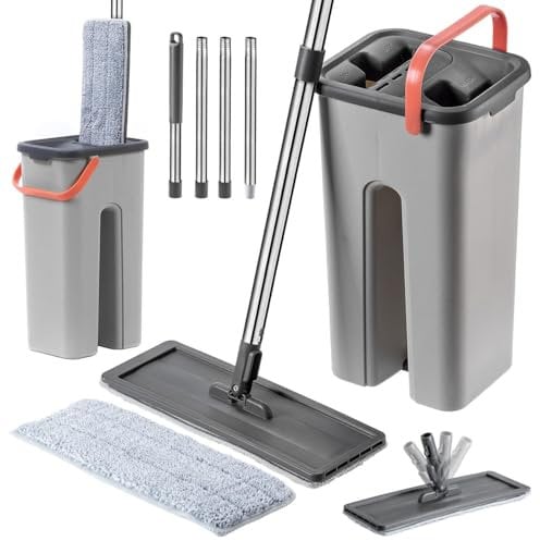 KADAX Ensemble de Nettoyage avec Balai de Lavage Plat à Manche Long, Seau Essoreur à Double Compartiment et Deux Housses Serpillières en Microfibre (Gris)