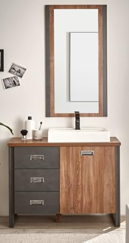 Badmöbel Set MIT Waschbecken in Eiche Stirling und grau Matera Waschtisch Badkombination 3-teilig Waschbeckenunterschrank, Waschbecken und Spiegel im Industrial Desgin 91 x 205 cm Auburn (Set 1)