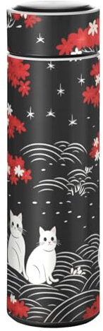 LINNIKEEEE Motif Répétitif Chats Noirs Bouteille D'Eau Isotherme - Acier Inoxydable,Étanche Flacon Isolé Sous Vide,Thermos Anti-Fuite pour Garçons Filles