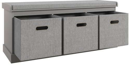 HOMCOM Shoe Bench with 3 Fabric Baskets, Shoe Storage Bench with Seat Cushion, Shoe Cabinet for Entryway, Hallway, Living Room, Bedroom, Grey
