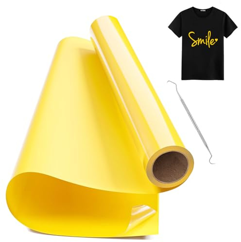 Hengrongshen Plotterfolie Textil Gelb, 30,5 cm x 300 cm Heat Transfer Vinyl Flexfolie Rollen mit Plotter Werkzeug, Flexfolie Plotter Textil für Cri-Cut & Silhouette DIY T-Shirt (Gelb)