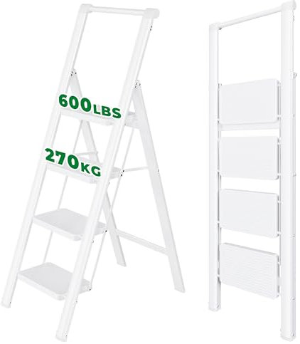 YOUTHCLUB Escabeau à 4 marches, Marchepied Pliable avec Larges Pédales Antidérapantes, Capacité de Charge 270 kg, Poignée Pratique, Léger et Portable pour la Maison et la Cuisine, Blanc