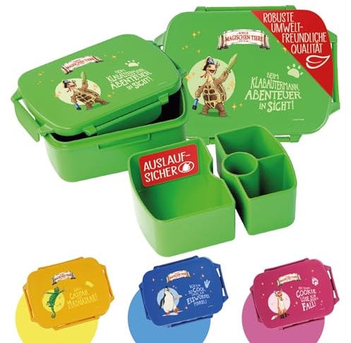 AWAVE Die Schule der Magischen Tiere Brotdose Kinder mit Fächern rPET Grün Henrietta Snackbox 1 L mit Deckel und 4 Fächer Unterteilung, Auslaufsicher, Pausenbox für Schule Kindergarten Picknick Reise