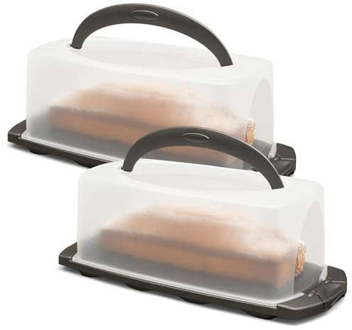 Hausfelder Kuchentransportboxen 2er Set, Vorteilspack - 2x Kuchen Transportbox rechteckig, Kuchenbox mit Haube und Griff, Kastenkuchen Transportbox 34 x 17 x 12 cm
