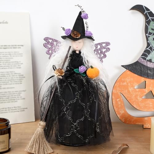 Halloween Baum Hexe Puppe Figure mit Besen,Halloween Dekoration Hexe Puppe Baum Topper Hängende Dekorationen,für Halloween Party Dekoration Hexen Wichtel Puppe Schlafzimmer Desktop (Lila)