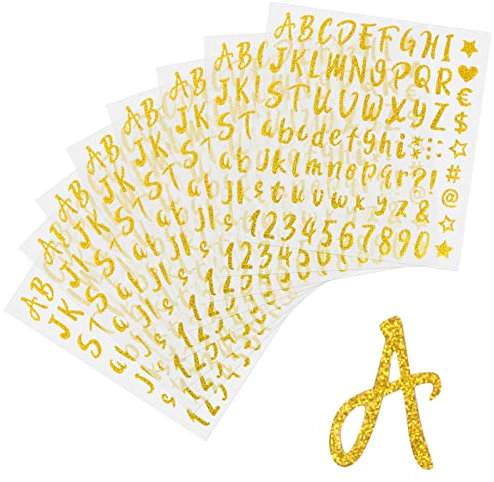 Dokeno 640 Stücke 8 Blätter Glitzer Buchstaben Aufkleber Alphabet Nummer Aufkleber Selbstklebende Vinyl Buchstaben Aufkleber Tür Wand Holz Schild Adressnummer (Gold)