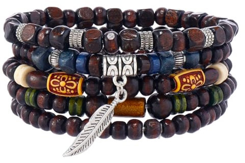 Eigso Unisex 6 Pcs Mala Beaded Holz Armbänder für Frauen Männer Vintage Trend Bohemian Armbänder Armreifen für Frau Mann