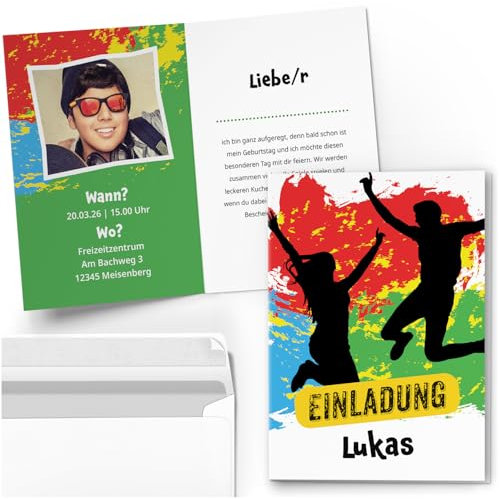 10 Einladungskarten Kindergeburtstag PERSONALISIERT mit Text und Foto | Coole Jump Trampolin Party | Kinder Geburtstag Einladung individuell anpassbar mit Umschlägen