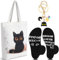 Xuniea Katzenmotiv Geschenke für Katzenliebhaber 1 Einkauf Mehrwegtasche 1 Lustige Katze Socken und 1 Schwarzer Katze Schlüsselanhänger, Canvas Shopper Schultertasche Geschenk für Katzenbesitzer
