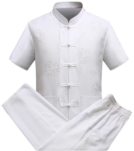 Elogoog Vêtements chinois traditionnels d'été pour hommes costumes en lin Tang costume haut pantalon ensembles hommes vêtements orientaux entraînement bal Tux, blanc, M