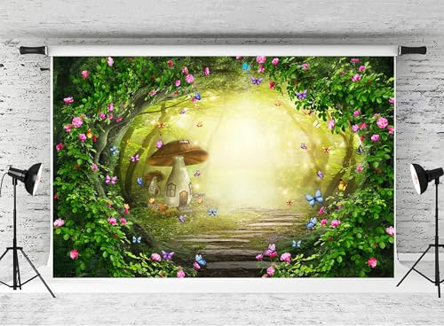 APROPHIC Wald Fotohintergrund, Märchenland Wald Pilze Banner Bunt Schmetterling Foto Hintergrund, Babyparty Geburtstagbanner Porträt Fotowand Hintergrund 210x150cm