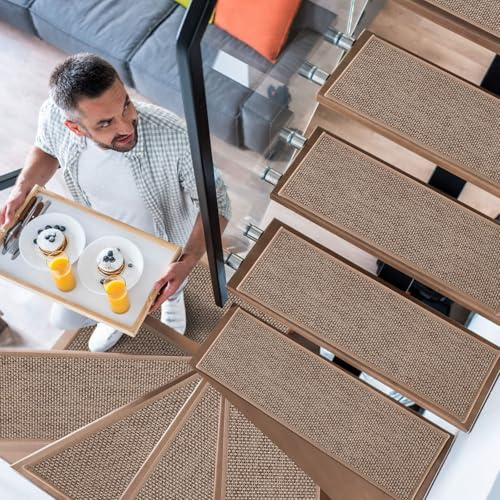 YISUN 15 PCS Stair Treads, Non-Slip Stair Carpet Treads Runner | 65 x 20cm Non Skid Rubber Backing Stair Mats, Removable Washable Step Runners for Kids, Elders and Pets (Khaki)