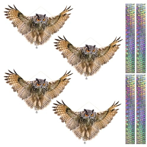 Vogelschreck,4PCS Vogelschreck Falsche Eule, reflektierende Eule hängende Dekoration, doppelseitig bedruckte Raster Falscher Adler, um Vögel weg von Terrasse Garten Fenster Veranda Baum zu halten
