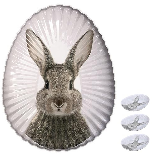 Cepewa Gebäckteller Hase 4er Set | Metall 18x24x2,5cm Eiform | Osterdekoration Hasenkopf Osterhase (4er Set Gebäckteller Hase)