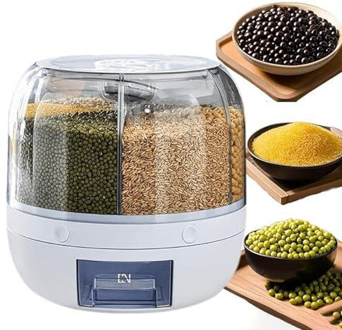 Wnnideo Rotating Grain Storage Bin 6 Grids Rice Container One-Click Output Large Capacity Food Dispenser For Rice Grains Sealed Moisture Proof Organizer (Small)