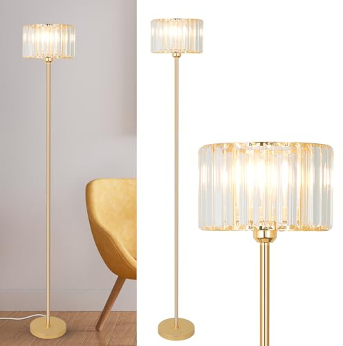 Rayofly Floor Lamps for Living Room, Gold Floor Lamp with Glass Lampshade, Crystal Modern Standard Lamps Living Room, Glass Tall Lamp for Bedroom, Office, Hallway, Brass Corner Floor Standing Lamp