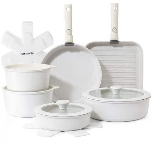 SENSARTE 17 Piece Nonstick Detachable Handle Pots and Pans Set White | Removable Handle Cookware Set, Induction Cookware Set with Removable Handle, Healthy Non Stick for RV, Dishwasher ＆ Oven Safe