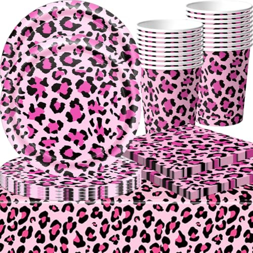 Leopard Geburtstag Deko Rosa, 61 Stück Reutilizable Leoparddruck Partygeschirr Geburtstag Party Set Geburtstagsteller Tassen Servietten Leoparden Geburtstags für Party Deko, para 20 Personas