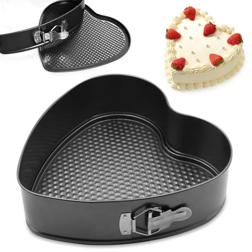 Springform Backform Herz 26CM, Kuchenform mit Antihaftbeschichtung, Kuchenform mit Flachboden, Kuchenbackformen mit Flachboden, Tortenform Tarteform für Kuchen Backen, Kohlenstoffstahl, Schwarz