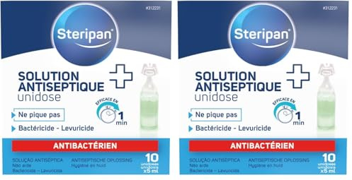 Steripan - Solution Antiseptique Unidose - Ne Pique Pas - Élimine 99,9% des Bactéries - Bactéricide et Levuricide - 10 Unidoses x5 ml (Lot de 2)