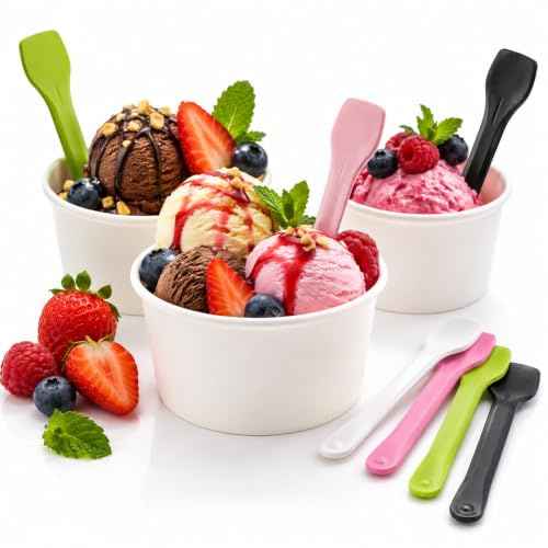 50 pots à glace en carton 180 ml Ø90 mm (6 oz) blancs + 50 cuillères à glace PS 95 mm – Qualité alimentaire – Pour glaces, crème glacée, glace à l'italienne, sorbets, frozen yogurt, desserts, fête