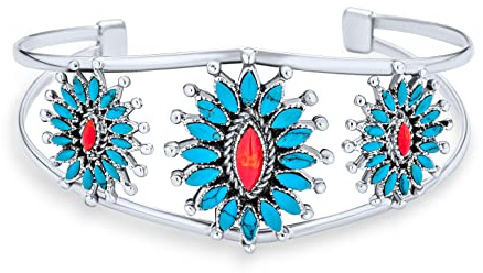 Personnalisez Votre Bracelet De Style Navajo Du Sud-Ouest Orange Rouge Corail Bleu Turquoise Zuni Needlepoint Jewelry Flower Blossom Wide Cuff Bracelet Pour Femmes .925 Argent Sterling Personnalisable