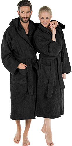 CelinaTex Montana Bathrobe, Hooded, Plain, Long, Patched Pockets, Stitching, Women, Men, Unisex, 100% Cotton, Black, XL